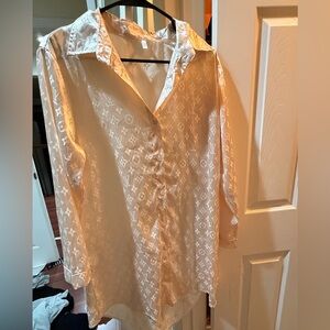 Silk-Feel Cream Logo-Print Button Front dress  Shirt fashion insprd.